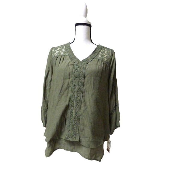 Style & Co Lace-Yoke Handkerchief-Hem Top, Olive Spring, XS - Picture 2 of 7